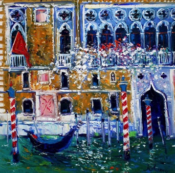 Red flag and a balcony of blossoms Grand Canal Venice 24x24.jpg